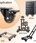 Heavy Duty 2 Inch Caster Wheel Set Of 4 With Dual Brakes Floor Protecting Rubber Swivel Casters mounted on a dolly, cabinet, plant stand, and cart.