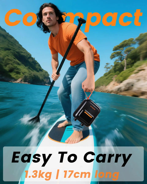Rechargeable Electric Paddle Board Pump With 20 PSI 13500mAh USB C Battery Portable SUP Air Pump held by paddleboarder