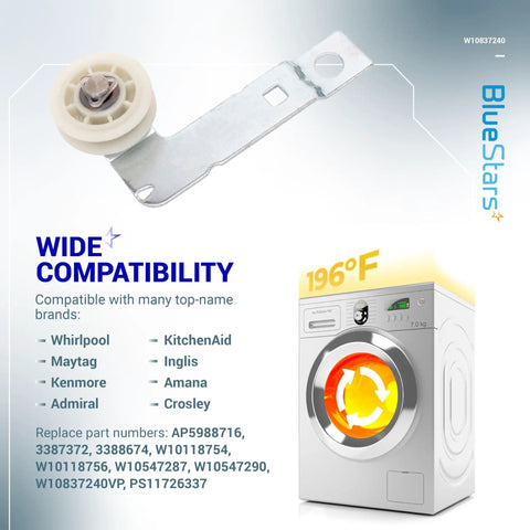 Beefy Dryer Idler Pulley With Bracket W10837240 for Whirlpool Kenmore and compatible models displayed with dryer illustration.
