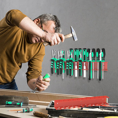 Red Wall Mount Screwdriver And Pliers Organizer Rack With 23 Holes, installed on wall with tools in garage workspace