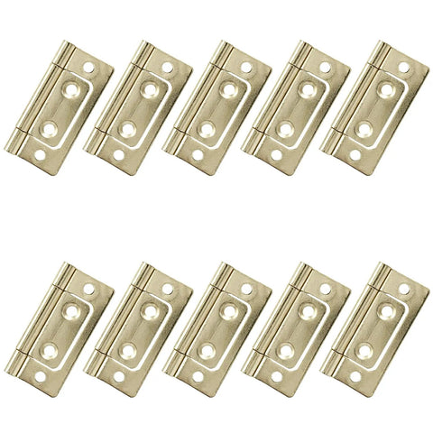 Heavy Duty Ten Pack Two Inch Gold Non Mortise Door Hinges With Mounting Screws displayed in a row on a white background.
