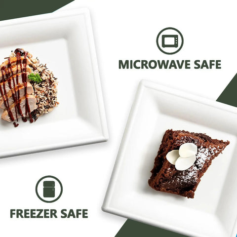 Square 10 Inch Compostable Plates, Heavy Duty Disposable Dinnerware, Sugarcane Biodegradable Party Plates For Hot Or Cold Meals, Microwave And Freezer Safe Catering Grade, 125 Pack, white square plates with cake and entrée