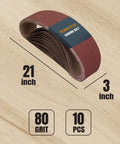 3 By 21 Inch Sanding Belts 10 Pack 80 Grit Aluminum Oxide Sandpaper displayed on wooden background with product details