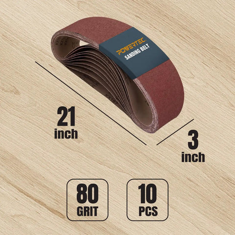 3 By 21 Inch Sanding Belts 10 Pack 80 Grit Aluminum Oxide Sandpaper displayed on wooden background with product details