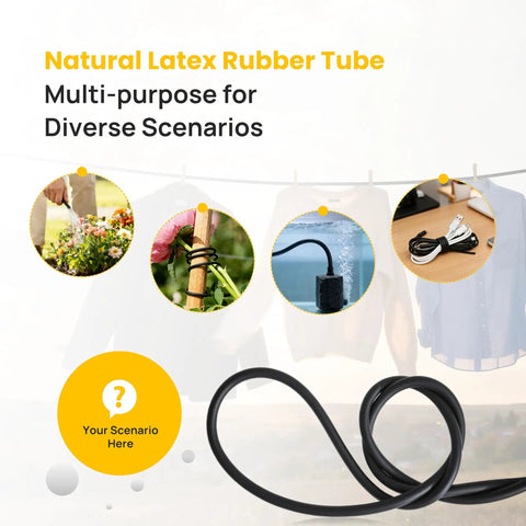 Natural Latex Tubing Nine Sixteenths Inch Outer Diameter By Three Eighths Inch Inner Diameter shown with various uses like gardening.