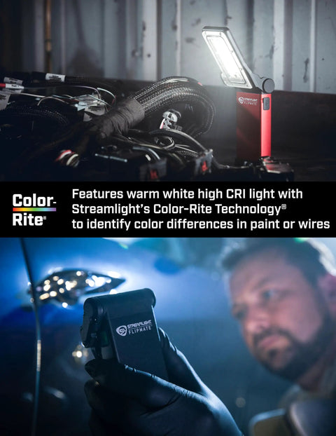 Flipmate 500 Lumen USB Rechargeable Multi Function Compact Work Light Black with Cool White LEDs 90 CRI in use in workshop