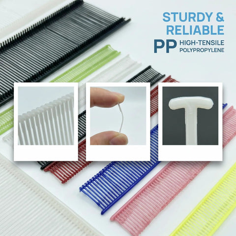 Handheld No Sew Clothing Repair Tool With Seven Color Fasteners, various clips made of durable polypropylene for quick repairs.