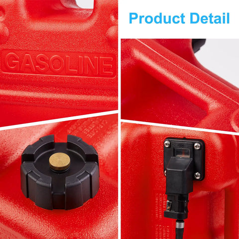 Close-up of Portable 6 Gallon 24L Marine Fuel Tank with 9.8 Foot Hose and vent cap, showing textured plastic and hose connection.