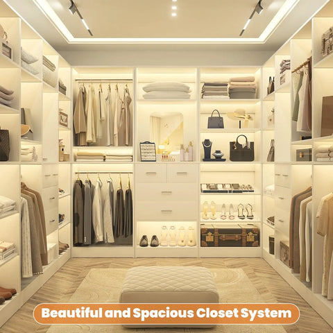 Freestanding Closet System With Adjustable Hanging Rods And Super Sturdy Steel Frame Built For No Sweat Setup And Roomy Multi Purpose Wardrobe Shoe Storage Tower in bright modern closet layout.