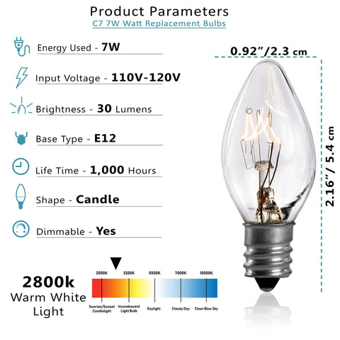 7 Watt Night Light Replacement Bulbs 12 Pack For C7 Lamps With E12 Candelabra Base 120V 45 Lumen Clear Glass Incandescent Bulbs For Salt Lamps And Small Night Lights showing product specifications