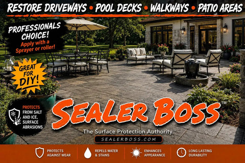 Heavy Duty Solvent Concrete Sealer Drops A Sick Wet Look Sheen On Your Driveway While Packing A Punch Of Tough Protection Against Oil And Water Spills In This 5 Gallon Jug in a patio setting.