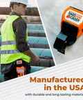 Worker using All In One PPE Organizer For Hard Hats With Magnetic Backing, Belt Clip And Hook in bright orange on construction site.