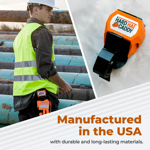 Worker using All In One PPE Organizer For Hard Hats With Magnetic Backing, Belt Clip And Hook in bright orange on construction site.