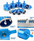 Two And A Quarter Inch Diamond Hole Saw Set With Pilot Bit For Porcelain Tile Ceramic Stone Marble Granite Glass Bottles Heavy Duty Serrated Diamond Tipped Cutting Bits, displayed with close-up views of serrated edges and anti-slip shank.