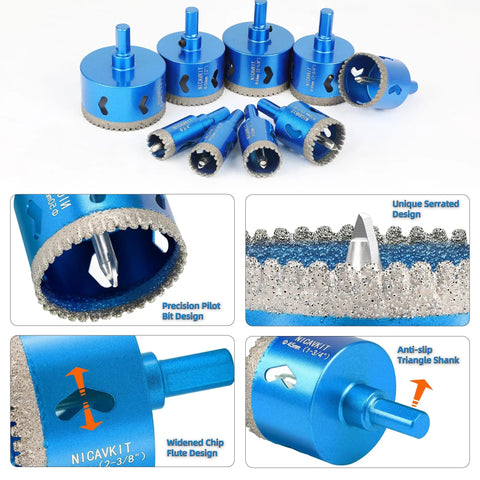 Two And A Quarter Inch Diamond Hole Saw Set With Pilot Bit For Porcelain Tile Ceramic Stone Marble Granite Glass Bottles Heavy Duty Serrated Diamond Tipped Cutting Bits, displayed with close-up views of serrated edges and anti-slip shank.