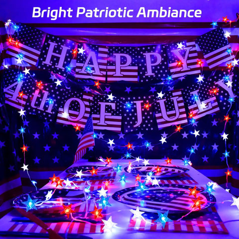Patriotic Pentagram Star String Lights 13 Ft 40 LED Waterproof Outdoor Battery Operated with red, white, and blue colors