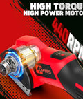 Close-up of Heavy Duty Cordless Electric Scissor Cutter Compatible With Milwaukee 18v Batteries At 440 Rpm showing motor and features.