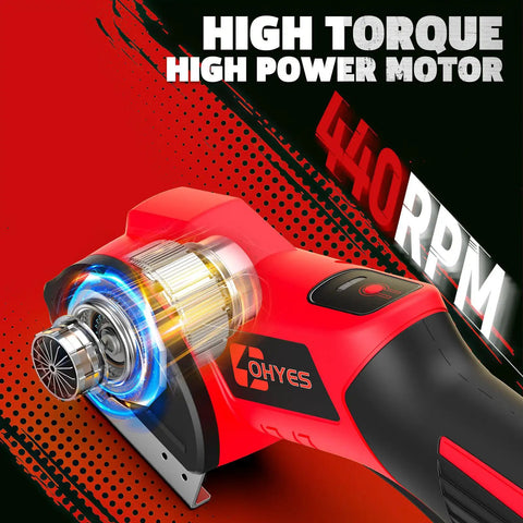 Close-up of Heavy Duty Cordless Electric Scissor Cutter Compatible With Milwaukee 18v Batteries At 440 Rpm showing motor and features.