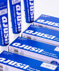Boxes and tubes of Ajusil silicone sealant, suitable for high-temperature use, displayed on a white background.