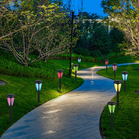 12 Pack Solar Pathway Lights RGB Color Changing Outdoor Garden Lights Auto Color Shifting IP44 Waterproof along curved walkway