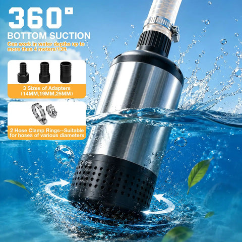 High Power Cordless Submersible Water Pump Kicking Out Standing Water Fast With 1000Gph Brushless Motor And 14 Foot Cable in water with adapters.