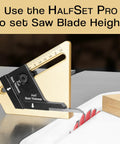 Precision Center Gauge For Woodworking Instantly Finds Half Thickness Of Wood Stock So You Can Set Table Saw Blade Dado And Router Bit Height No Math No Measuring Easy To Use Centering Tool shown setting saw blade height on table.