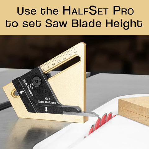 Precision Center Gauge For Woodworking Instantly Finds Half Thickness Of Wood Stock So You Can Set Table Saw Blade Dado And Router Bit Height No Math No Measuring Easy To Use Centering Tool shown setting saw blade height on table.