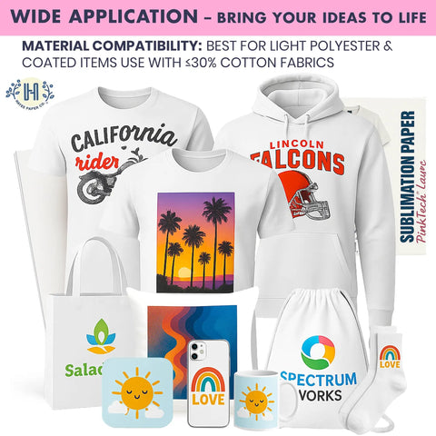 PinkTech 125Gsm Sublimation Paper 8.5x11 Inch transfers on shirts, mugs, tote bags, and cases, showcasing design versatility.