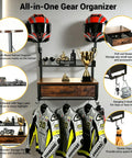 Heavy Duty Wall Mounted Helmet Rack With 4 Hanging Hooks, Drawer And Mesh Basket, All In One Gear Organizer For Helmets And Riding Gear