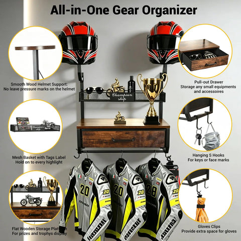 Heavy Duty Wall Mounted Helmet Rack With 4 Hanging Hooks, Drawer And Mesh Basket, All In One Gear Organizer For Helmets And Riding Gear