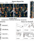 Installation guide for Midnight Blue Meadow Floral Peel And Stick Wallpaper, pattern repeat and roll size displayed.