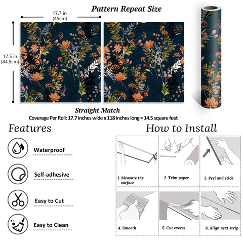 Installation guide for Midnight Blue Meadow Floral Peel And Stick Wallpaper, pattern repeat and roll size displayed.