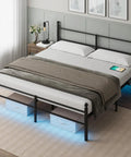 King Size Metal Platform Bed Frame With Led Headboard And Built In Charging Station Sets Off Cool Vibes With Music Sync Lights in black.