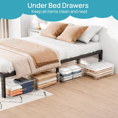 2 Pack Large Clear Stackable Storage Drawers 27Qt Each 54 Qt Total Space Saver Closet Under Bed Organizer Easy Assemble Plastic Storage Bins Dust Proof For Clothing And Sweaters installed under bed with folded clothes inside