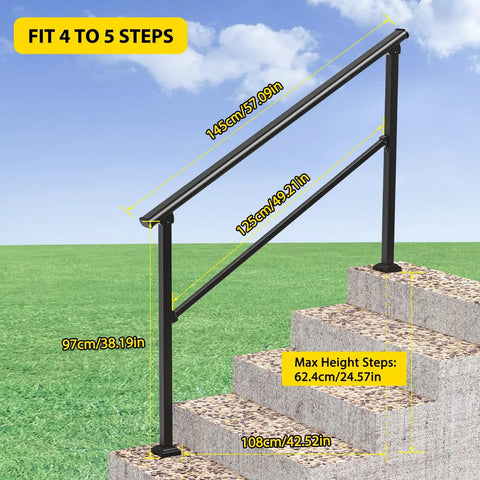 Zero Sweat Setup Adjustable Outdoor Step Railings For Porch And Stairs Adjusts From Zero To Thirty Degree Angles, fits four to five steps.