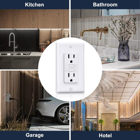 Ultra Slim GFCI Outlet 15 Amp With LED Indicator And Ground Fault Protection No Brainer GFCI Receptacle displayed in various settings