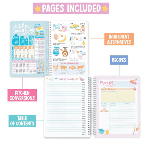 Blank Recipe Book For Writing Your Own Dishes Spiral Notebook with 79 Blank Pages showing kitchen conversions and recipe pages