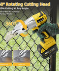 Heavy Duty Cordless Metal Shears Compatible With 21V Max Batteries. Features 360° rotating cutting head for flexible cuts.
