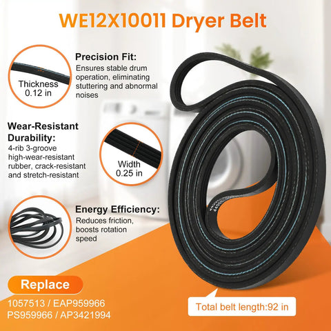 Close-up of WE12X10011 dryer belt from Dryer Repair Kit With Drum Roller Belt And Idler Pulley Replacement For Most Dryers