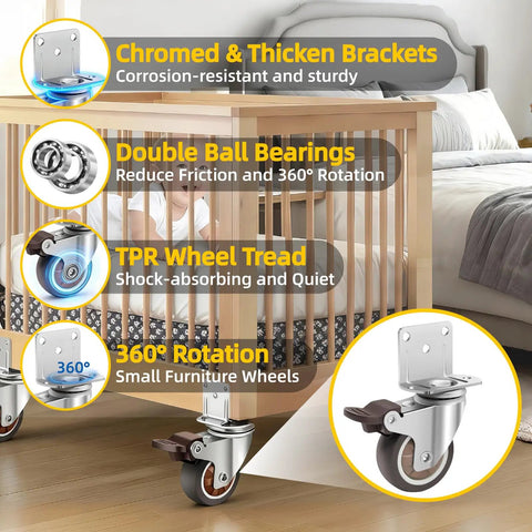 2 Inch Side Mount Casters Set Of 4 With Thick L Shaped Plate, Built Tough Heavy Duty Swivel Wheels With Brakes installed on crib