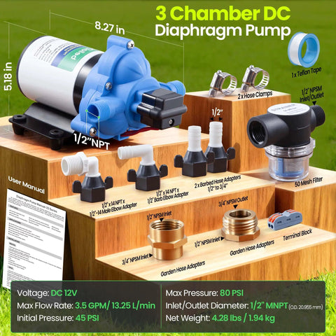 12V Water Pump With 3.5 GPM Flow Pure Copper Diaphragm Motor Self Priming Design Easy Hookup kit contents and specifications