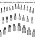 32 Piece Hex Bit Socket Set With SAE And Metric Sizes, showing various sizes for quarter inch, three eighth inch, and half inch drive