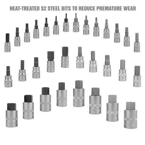 32 Piece Hex Bit Socket Set With SAE And Metric Sizes, showing various sizes for quarter inch, three eighth inch, and half inch drive