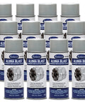 12 Pack Acrylic Aluma Blast Low Gloss Spray Paint for Cast Aluminum Auto Parts, aerosol cans arranged in a grid