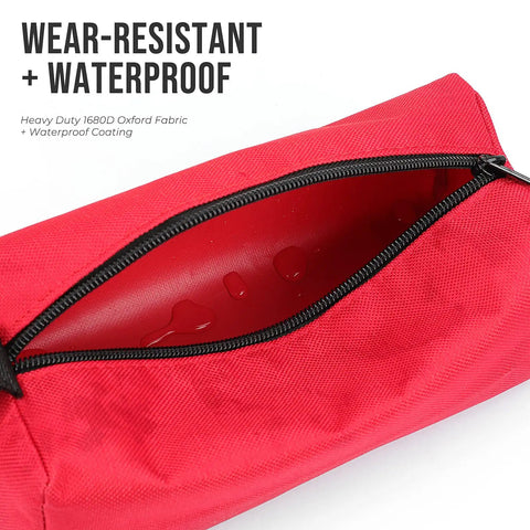 Rugged Five Pack Tool Pouches Set With 1680D Waterproof Fabric, showing open red pouch illustrating water resistance.