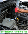 Side view of a 200cc fluid extractor with pink fluid, connected by blue tubing to a car coolant reservoir.