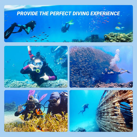 Divers using S700 1.9L Mini Scuba Tank DOT Certified Reusable Diving Cylinder Kit for underwater breathing up to 33 feet.