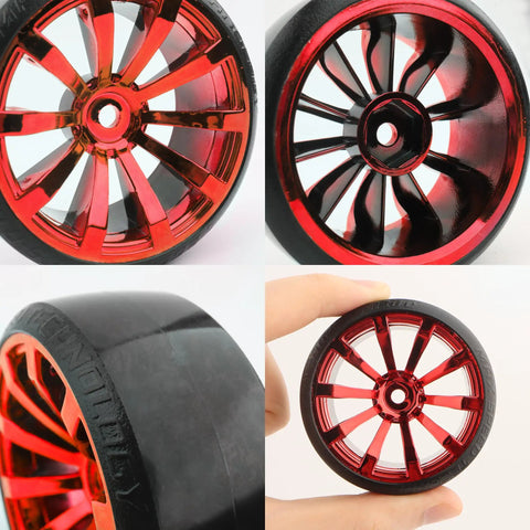 4 Pack 2.45 Inch Hard Plastic RC Drift Tires With 12mm Hex On Road Touring Bald Wheels Red For 1 To 10 Scale RC Cars And Trucks Universal Match For Traxxas Tamiya Kyosho HSP WLtoys
