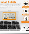 520 Piece M3 Self Tapping Screws Kit For Wood Plastic And Soft Metal Black Phillips Pan Head Assortment Carbon Steel With Rust Resistant Black Oxide Finish DIY Furniture Repair And Home Improvement Fasteners, kit box open showing various sizes