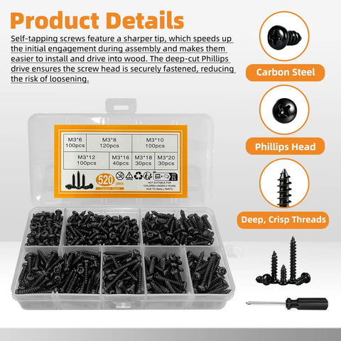 520 Piece M3 Self Tapping Screws Kit For Wood Plastic And Soft Metal Black Phillips Pan Head Assortment Carbon Steel With Rust Resistant Black Oxide Finish DIY Furniture Repair And Home Improvement Fasteners, kit box open showing various sizes
